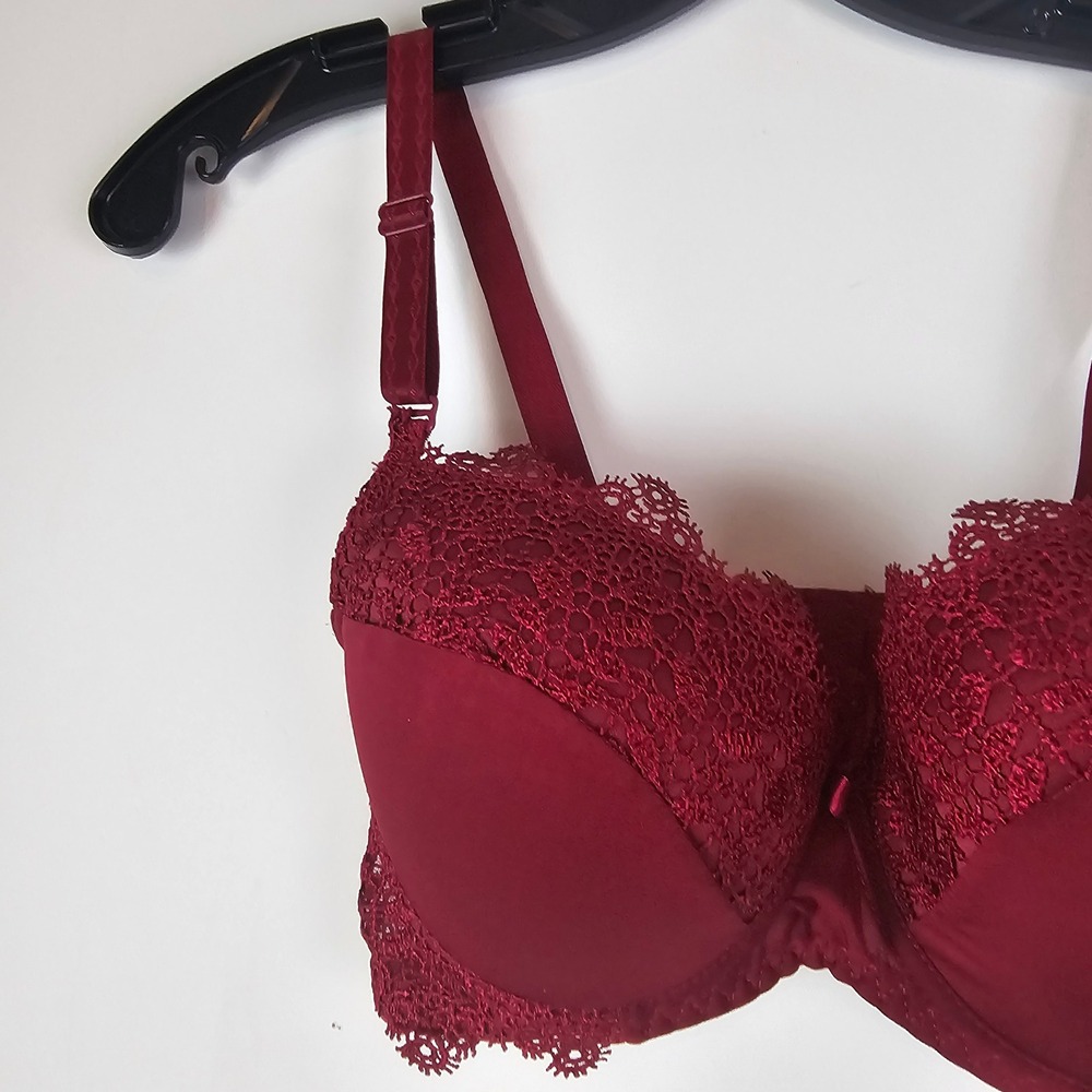 Burgundy Red Lace Push Up Bra Padded Underwire Floral Trim 85B 38B - Picture 6 of 7
